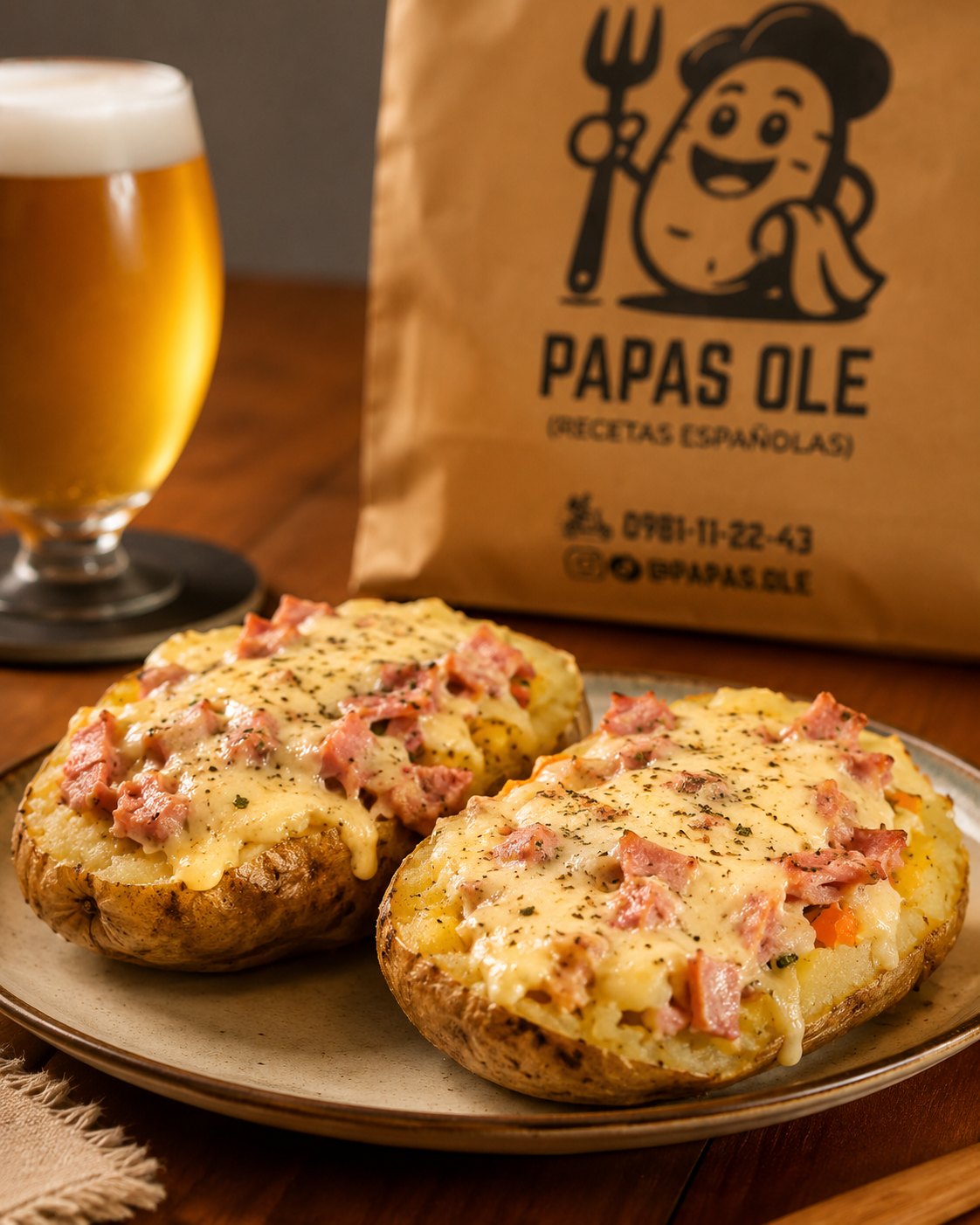 Papas rellenas con queso y jamón