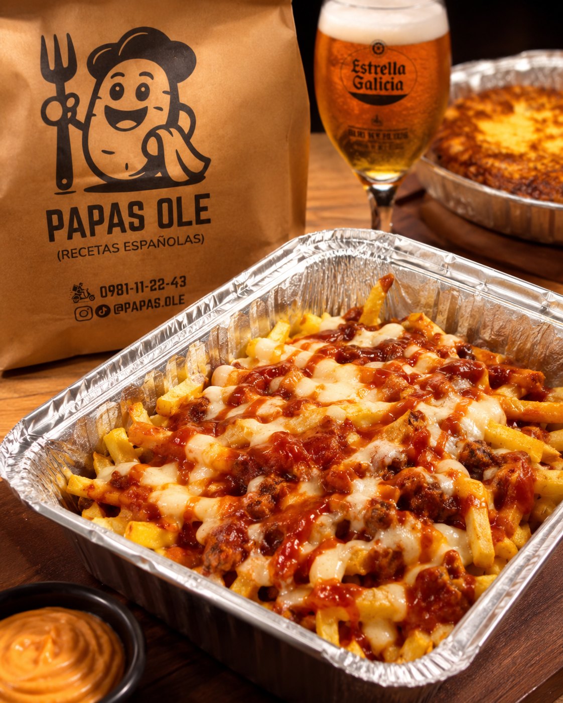 Papas con salsa, queso y cerveza